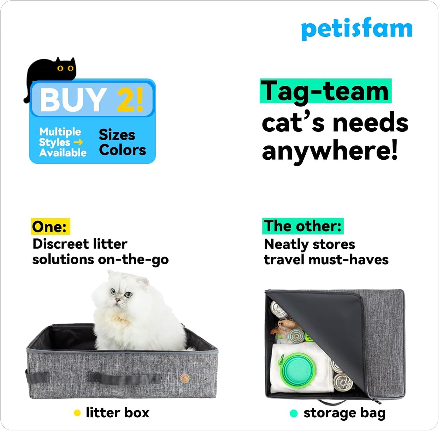 Large Portable Cat Travel Litter Box with Zipperd Top for Medium, Large or Multiple Cats. Odor Control, Leak-Proof, Lightweight for Easy Carry, Easy Storage, Easy to Clean