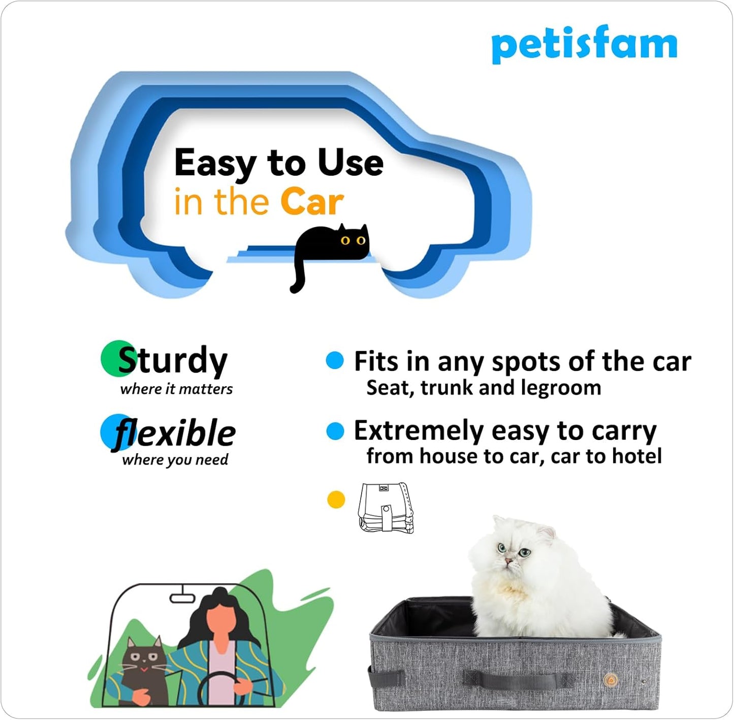 Large Portable Cat Travel Litter Box with Zipperd Top for Medium, Large or Multiple Cats. Odor Control, Leak-Proof, Lightweight for Easy Carry, Easy Storage, Easy to Clean